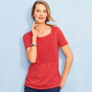 EUC Talbots coral red flowy top with embroidered yoke